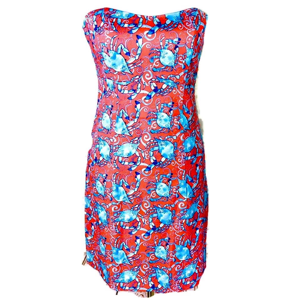 Kaeli Smith Blue Crab Strapless Knot Back Dress